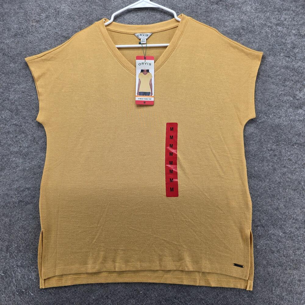 Orvis Shirt Womens Medium Yellow Ochre V-Neck Tunic Top Cap Sleeve Stretch M9718